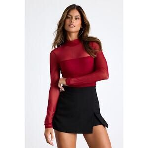 Lulus Clearly Alluring Wine Red Mesh Long Sleeve Mock Neck Bodysuit - Size M